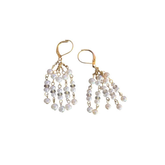 Jewelry - Gold Tone Pearl Dangle Earrings | Beaded Fringe Drop | Statement Earring